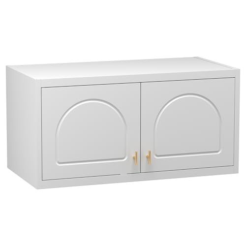 White Metal Wall Cabinet, 32-Inch Wide Overhead Storage for Home Organization