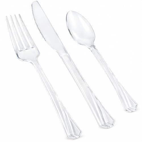 Hanna K. Signature 240 Count Clear Plastic Silverware Set, Heavyweight Elegant Disposable Cutlery Combo, 80 Forks, 80 Spoons, 80 Knives