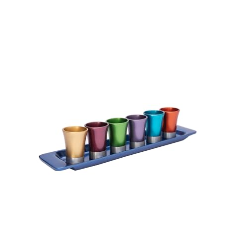 6-Piece Aluminum Kiddush Cup Set with Serving Tray, Multicolor