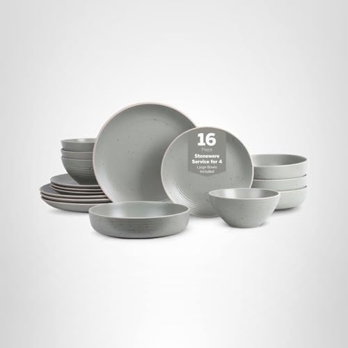 Stone Lain Lauren Stoneware, Rustic Plates and Bowls Set, Dinnerware, Service for 4, Speckled Green, Dishwasher & Microwave Safe, 16-Piece