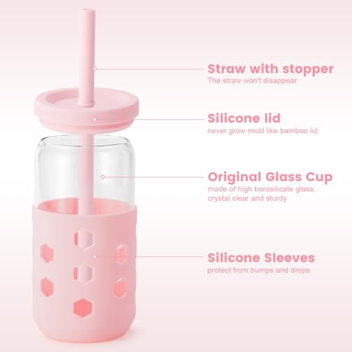 16oz Glass Iced Coffee Cups with Lids and Straws, 4-Pack Mint