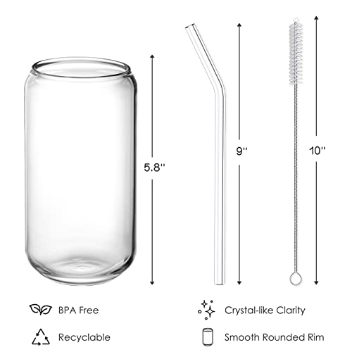 16oz Can-Shaped Drinking Glasses with Glass Straws, 4-Piece Set