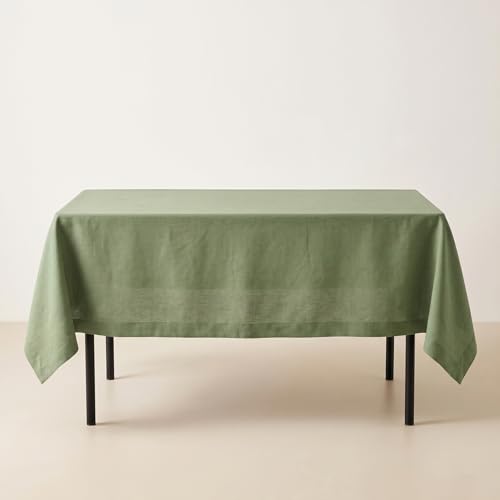 Solino Home 100% Pure Linen Rectangle Tablecloth Oil Green 60 x 90 inches - Elegant Dining Decor