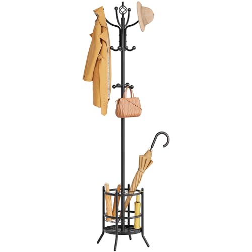 Freestanding Coat Rack with Umbrella Holder and 16 Hooks, Black Metal