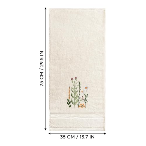 Beige Wildflower Embroidered Hand Towels, 100% Cotton Farmhouse Set of 2