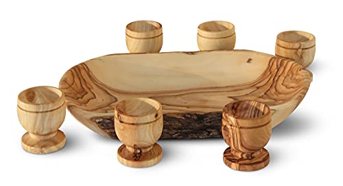 Hand-Carved Olive Wood Communion Cup Set with Bread Tray