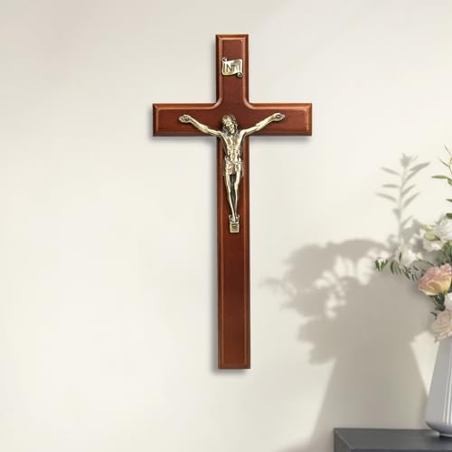 12-Inch Wooden Crucifix Wall Cross with Antique Brass Jesus Corpus