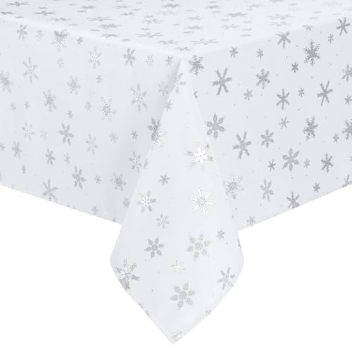 Mixweer White Winter Snowflake Christmas Tablecloth 60 x 108 Inches Washable Spillproof Holiday Decor