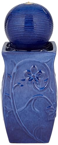 29-Inch Ceramic Outdoor Floor Fountain with LED Light, Blue Sphere Design