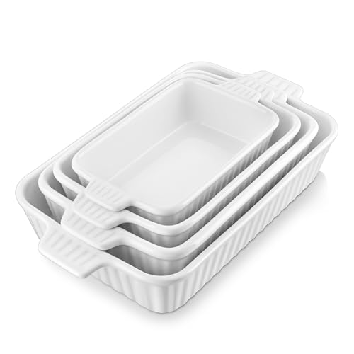 Rectangular Ceramic Baking Dish Set of 4 - White Casserole Pans with Handles