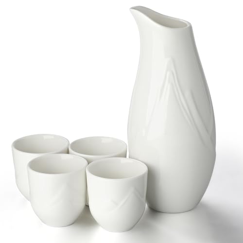 Zioliopaner 5-Piece Japanese Sake Set - White Ceramic Carafe & Cups for Home & Restaurant