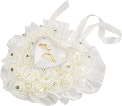 Heart Shaped Wedding Ring Pillow with Lace, Roses, and Rhinestones