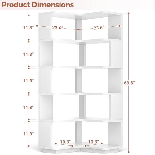 6-Tier Corner Bookshelf, L-Shaped Space-Saving Storage Display Stand, White