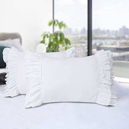 Set of 2 Farmhouse Ruffle Pillow Shams, Standard 20x26 White Boho Pillowcases