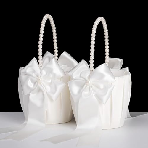 Ivory Flower Girl Baskets with Pearl Handles, Set of 2 for Wedding Ceremony
