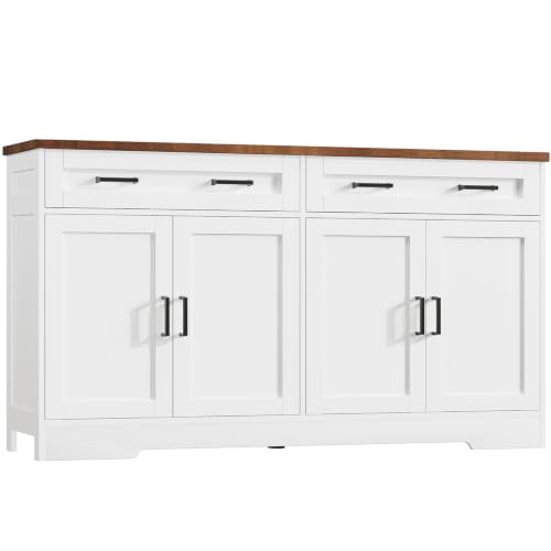 55-Inch Farmhouse Buffet Cabinet Sideboard with Drawers & Shelves, White
