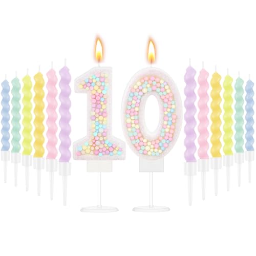 Macaron Number 10 Birthday Candle Set with 12 Pastel Rainbow Spiral Candles
