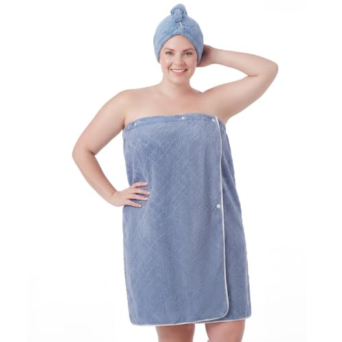 Plus Size Microfiber Bath Towel Wrap Set with Hair Towel, 2XL-4XL Blue