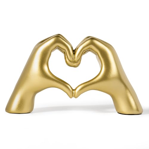 Gold Heart Hands Sculpture – Modern Aesthetic Tabletop Decor for Shelves