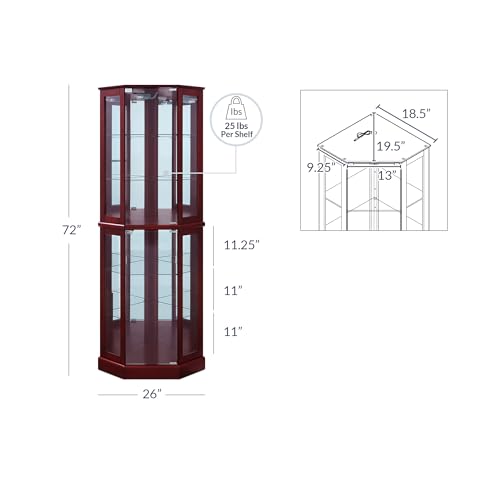 Corner Curio Cabinet with Glass Doors, Lighted Display Shelf, 6 Adjustable Shelves