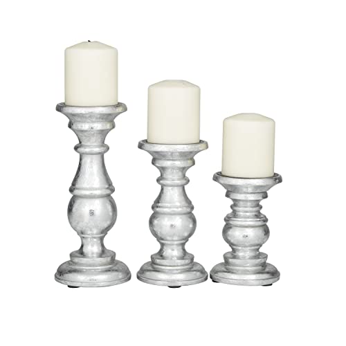 Deco 79 Traditional Mango Wood Pillar Candle Holder, Set of 3 10", 8", 6"H, Silver
