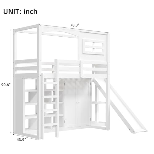 Twin Size Wood House Loft Bed with Wardrobe, Slide, and LED Lights