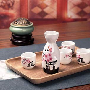 ABuff Japanese Sake Set with 1 Ceramic Tokkuri Bottle & 4 Ochoko Cups - Microwave & Dishwasher Safe