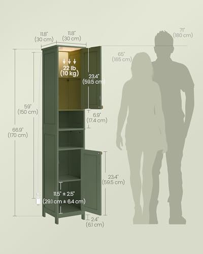 Slim Tall Storage Cabinet with Lights & Adjustable Shelves, Forest Green