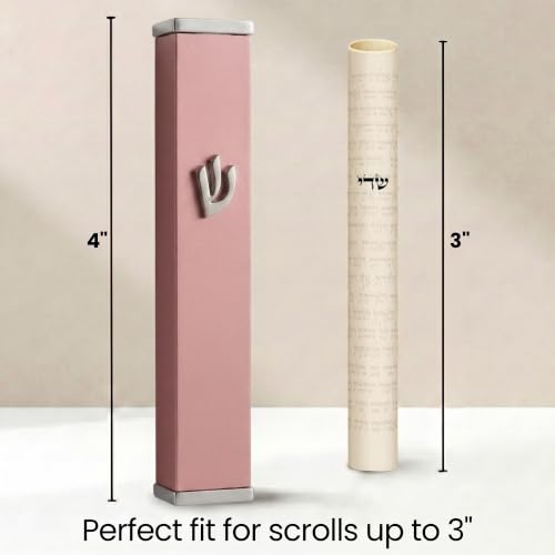 3.8 Inch Pink Aluminum Mezuzah Case with Scroll, Self-Stick Door Holder