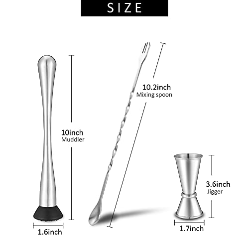 Stainless Steel Cocktail Muddler Set with Jigger and Bar Spoon - 10 Inch Professional Bar Tools for Mojitos and Fruit Drinks