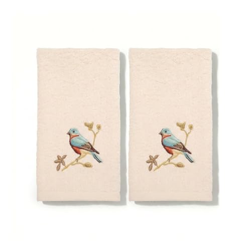 Embroidered Songbird Fingertip Towels, 100% Cotton Velour Set of 2