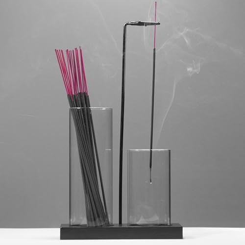 2-in-1 Glass Incense Burner and Storage Holder with Wooden Base - Black