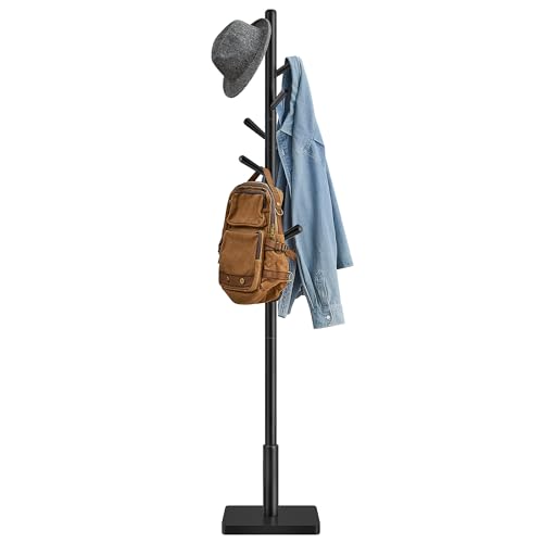 Solid Wood Coat Rack, Free Standing Hall Tree with 8 Hooks, Black
