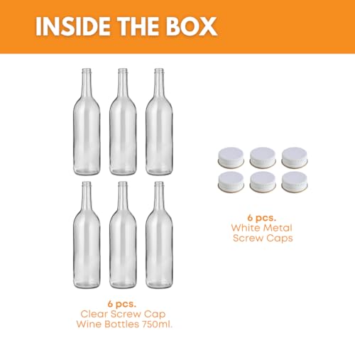 FastRack 750 ml Clear Bordeaux Wine Bottles (Pack of 6) with 6 Whiite METAL Caps | W5 Flint Flat-Bottomed Glass Bottles Ideal for Wine Making and Storage