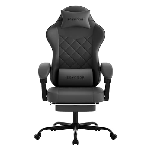 Ergonomic Gaming Chair with Footrest and Lumbar Support, Grey PU Leather