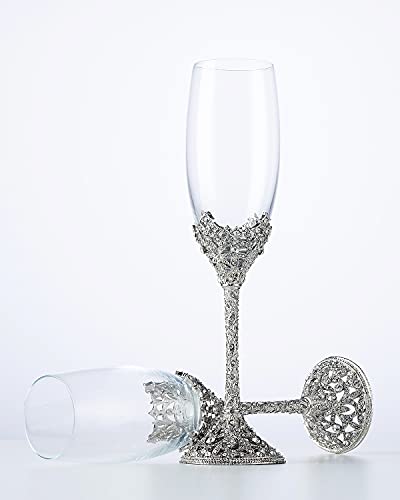Jozen Gift Silver Crystal Champagne Flutes Set of 2 Wedding Anniversary Party Gift