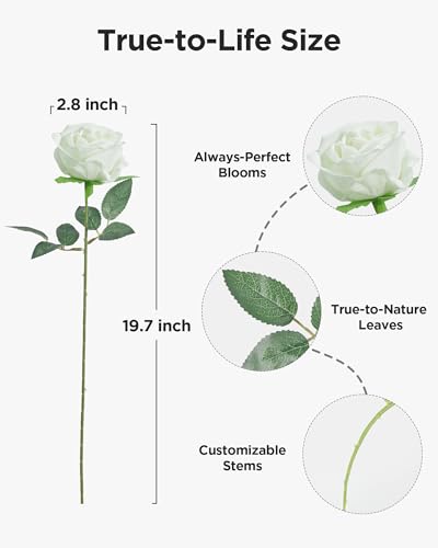 50 Pcs White Artificial Silk Roses with Long Stems - Wedding Decor