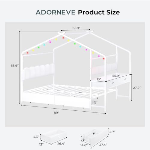 Full Size Kids House Bed with Desk and 4 Storage Drawers, White Metal Frame