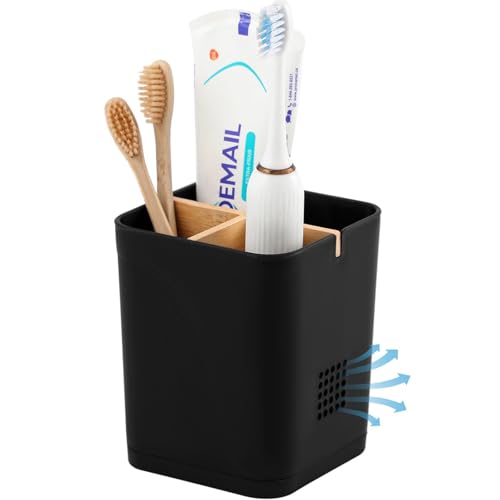 Electric Toothbrush and Toothpaste Organizer with Bamboo Divider, Black