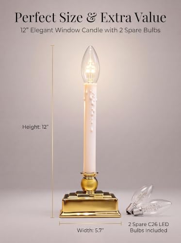 12-Inch Battery Operated LED Window Candle with Golden Base, Warm White, Timer