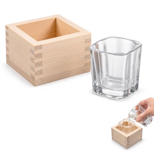 Japanese Sake Cups Set with Square Glass & Wooden Box | Traditional Drinkware