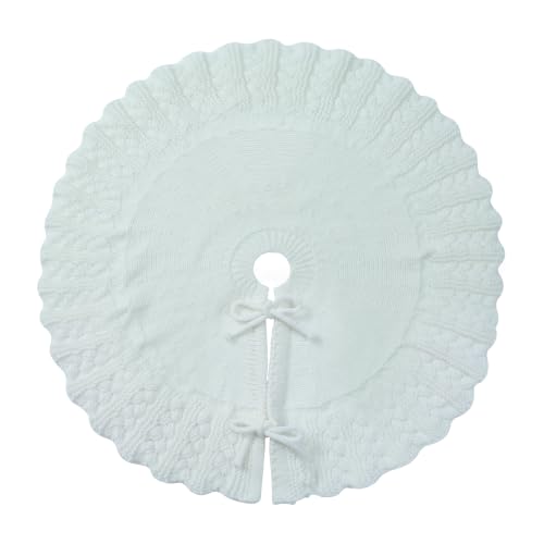 White Knit Christmas Tree Skirt 20 Inch with Scalloped Edge - Rustic Holiday Decor