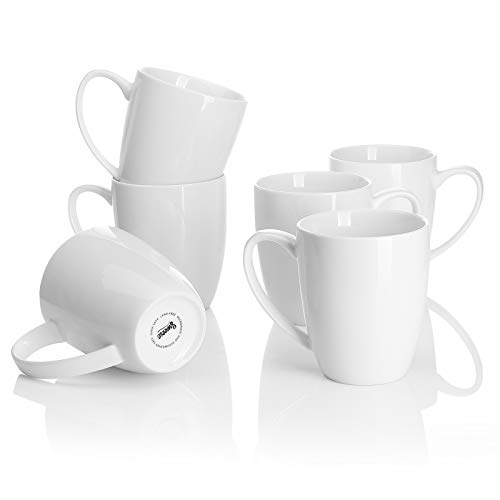 Sweese 12oz White Porcelain Coffee Mugs - Set of 6 for Latte, Tea, Hot Drinks