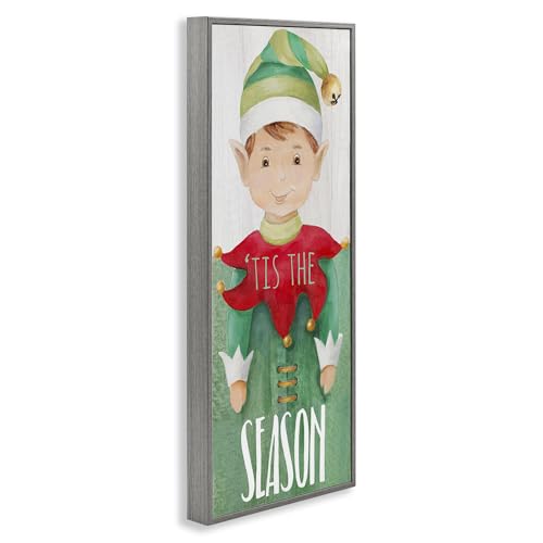Farmhouse Gray Framed Christmas Elf Bell Holiday Wall Art, 10x24 inches
