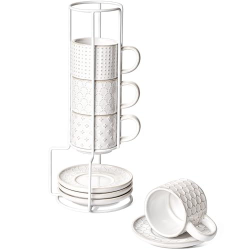 LE TAUCI 4 oz Stackable Espresso Cups with Saucers & Stand - Ceramic Double Shot, Macchiato, Lungo, Ristretto Set, Microwave & Oven Safe - White Embossed