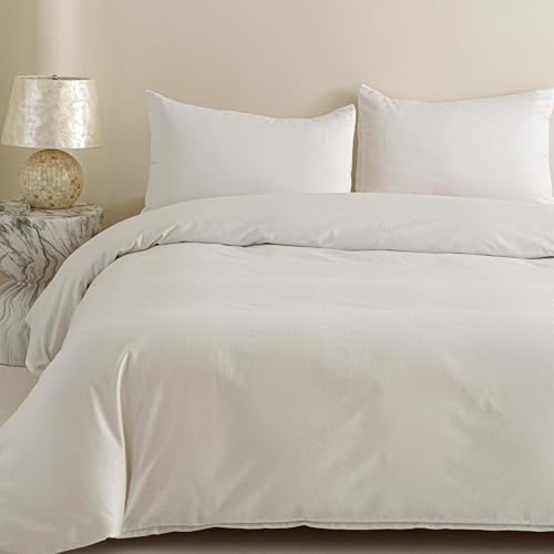 100% Cotton Jacquard Duvet Cover Queen Set, 90x90 Inch, White Striped
