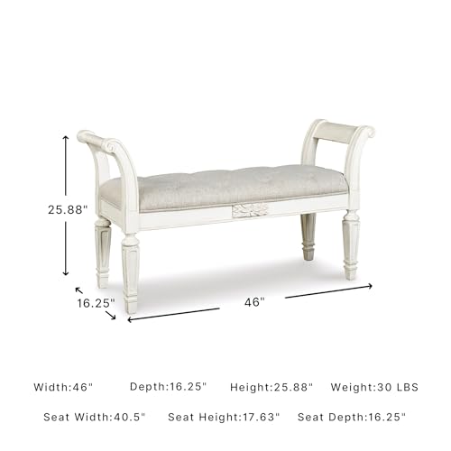 French Provincial Upholstered Accent Bench with Scrolled Arms, Antique White