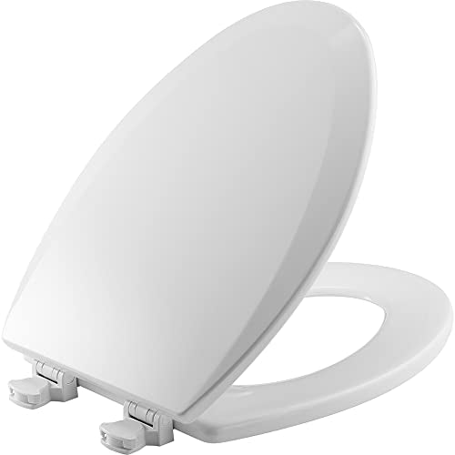 Elongated Enameled Wood Toilet Seat with Easy Clean Hinges, White