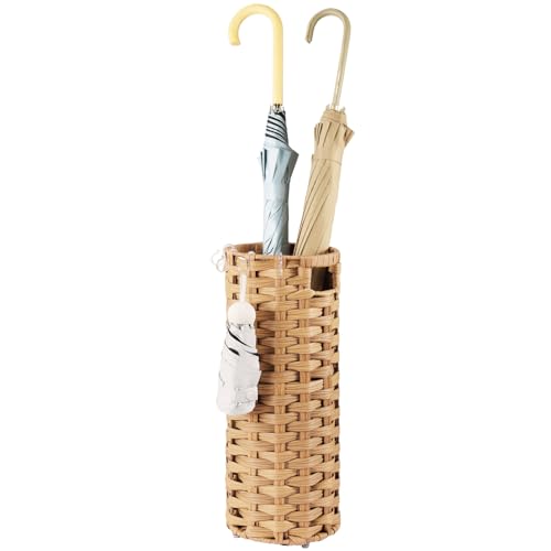 Hand Woven Rattan Umbrella Stand with Drip Tray and 4 Hooks, 16.5-inch
