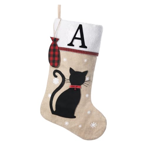 Personalized 20-Inch Cat Christmas Stocking with Wood Fish Ornament